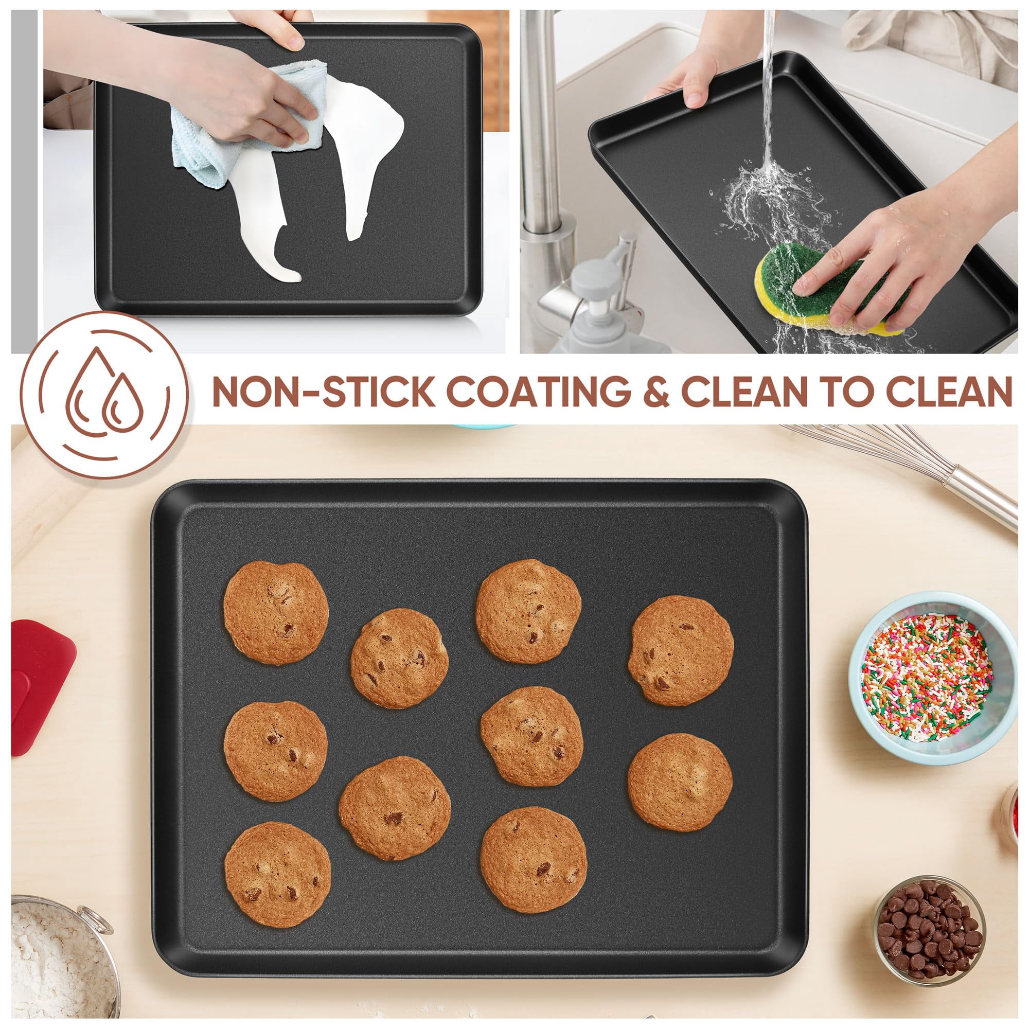 Baking Sheet Set Of 2  16" X 12" 1" Large Cookie Pan For Nonstick Carbon Steel Trays Oven Heat-resistant & Easy Clean Black