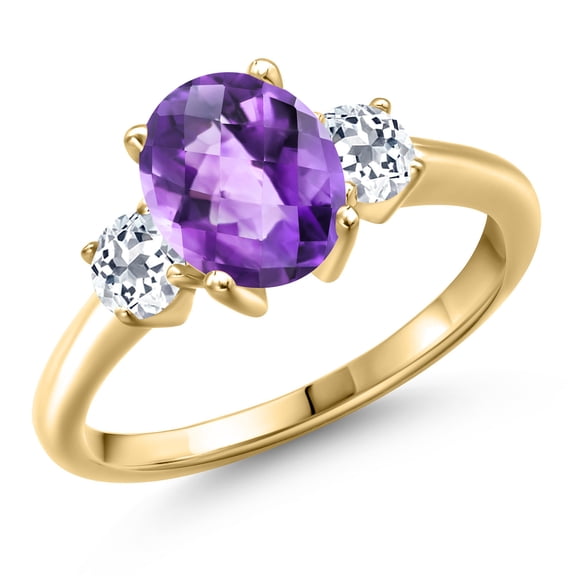 Gem Stone King 10K Yellow Gold Purple Amethyst and White Topaz Engagement Ring for Women | 2.16 Cttw | Oval Checkerboard 9X7MM | Gemstone February Birthstone | Size 8