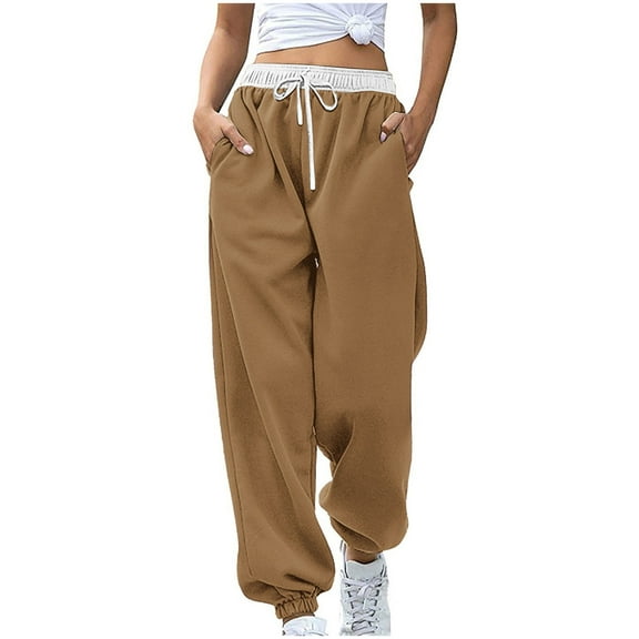 USNSM Cotton Sweatpants for Women Solid Color Baggy Sweatpant Hiking Comfort Pant Cinch Bottom Trousers with Pockets Coffee S