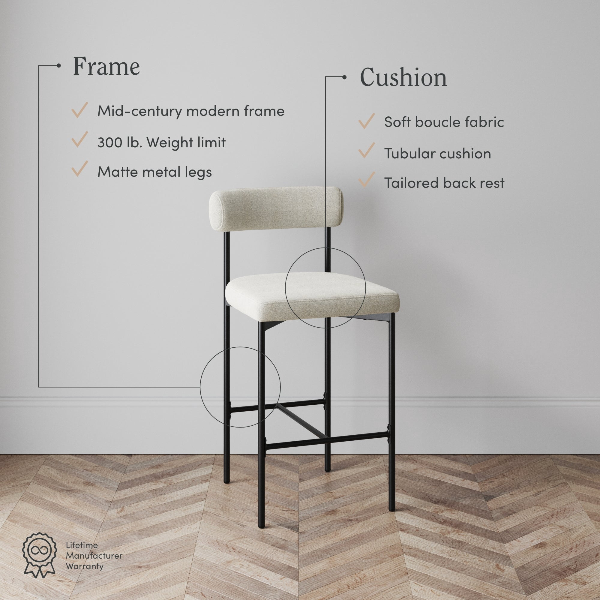 Nathan James Dahlia Counter Height Bar Stool Light Cream, Boucle/Black