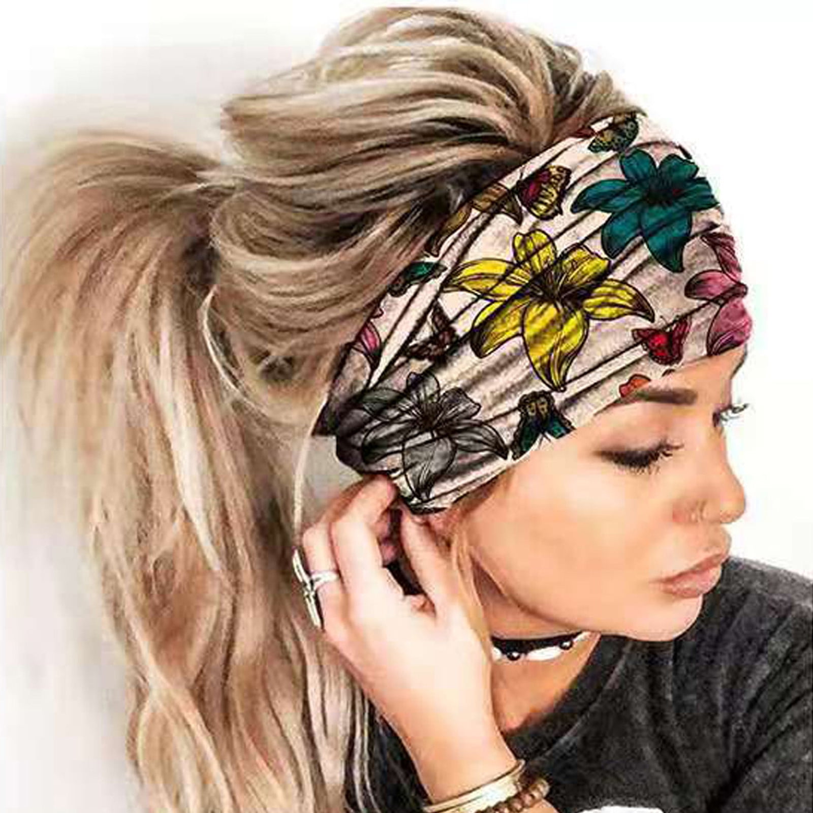 Extra Large 'Snug Fit' Headband Hair Scarf No Slip Cotton & Elastic Band Rainbow Stripes White 