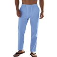 thumbnail image 2 of Men's Simple Casual Elastic Waist Drawstring Straight Leg Linen Pants Light Blue XXL, 2 of 10