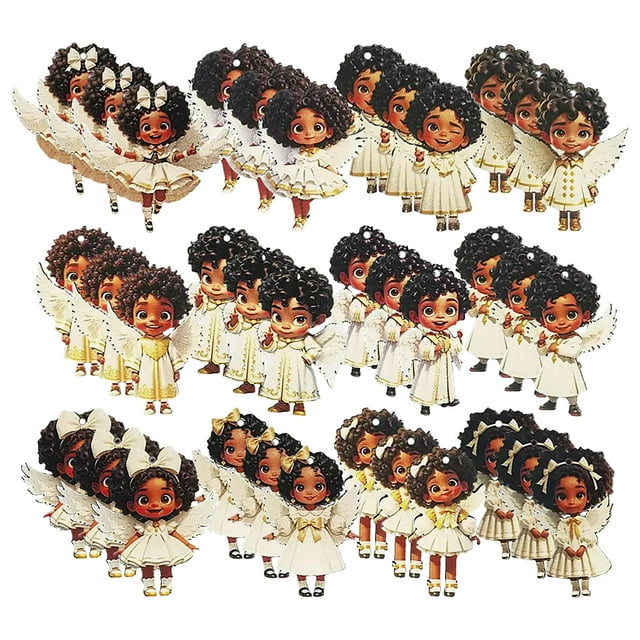 Wooden Cherub Ornament Set, Featuring Curly Hair, Smiling Faces, with Gold Trimmed Robes, 10 cm, for Christmas Tree, Window, Festive Hanging Decoration