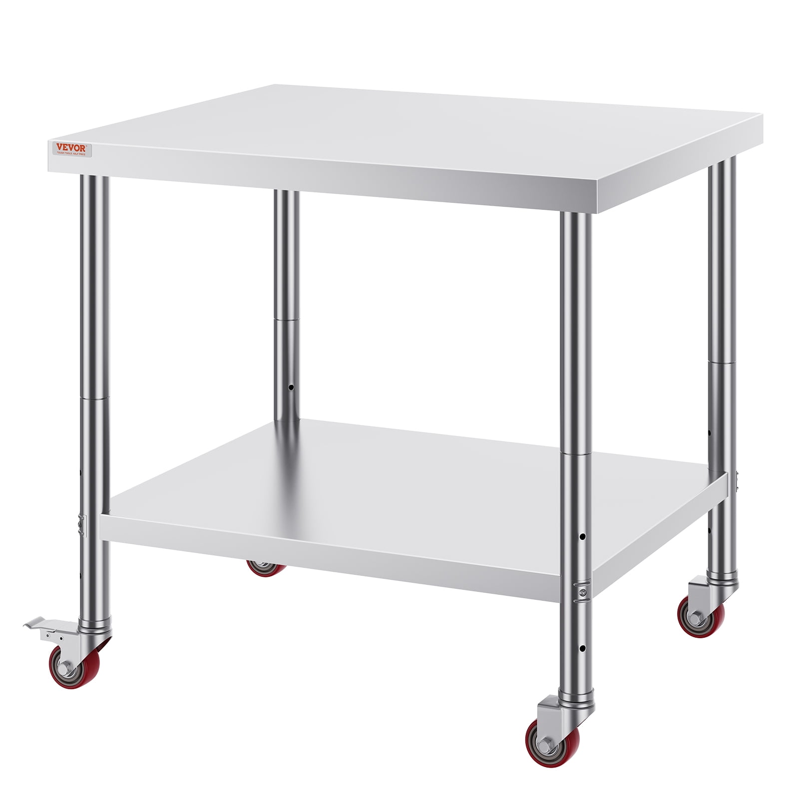 VEVOR Stainless Steel Work Table 36 x 30 x 34 Inch, 400 LBS Load Capacity with 4 Wheels, 3 Adjustable Height Levels, Heavy Duty Food Prep Worktable for Commercial Kitchen Restaurant, Silver