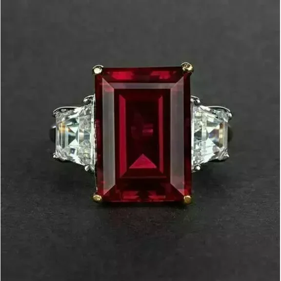 Classic 3CT Emerald Cut Lab Created Red Garnet Ring Band 14K Yellow Gold Plated