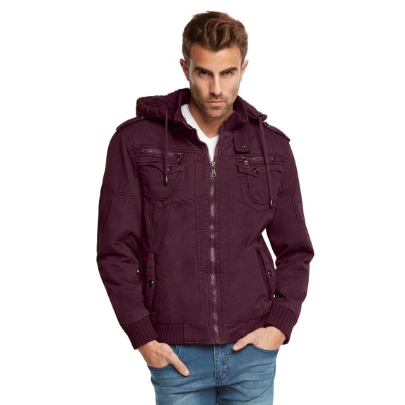 Maximos Men's Sherpa Lined Sahara Hooded Multi Pocket Bomber Jacket (Wine, XXX-Large)