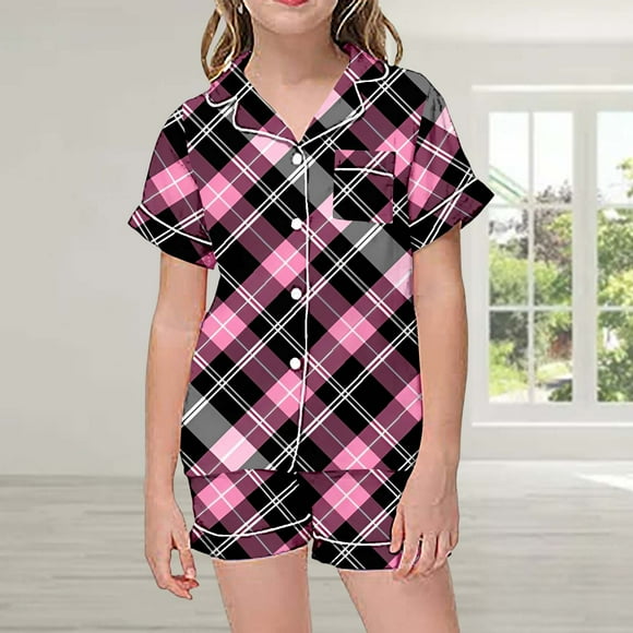 Girls Plaid Print Short Sleeve Pajama Set Two Piece Nightwear for Sleepovers and Cozy Bedtime Comfort