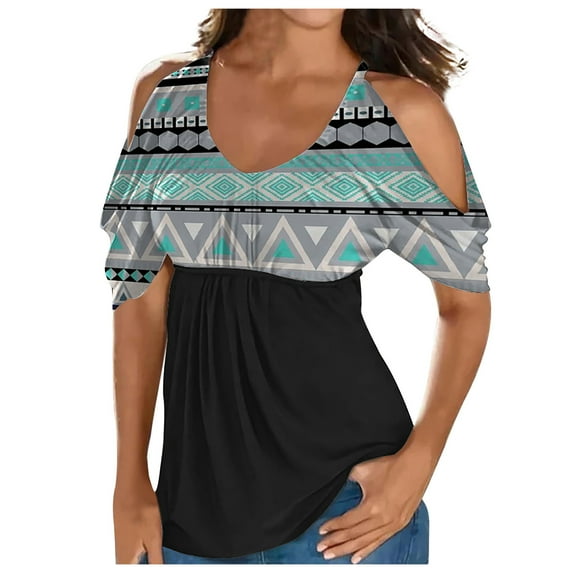 Cold Shoulder Tops for Women Floral Print Short Sleeve Shirts Dressy Casual Sexy Tops Round Neck Tees Blouses