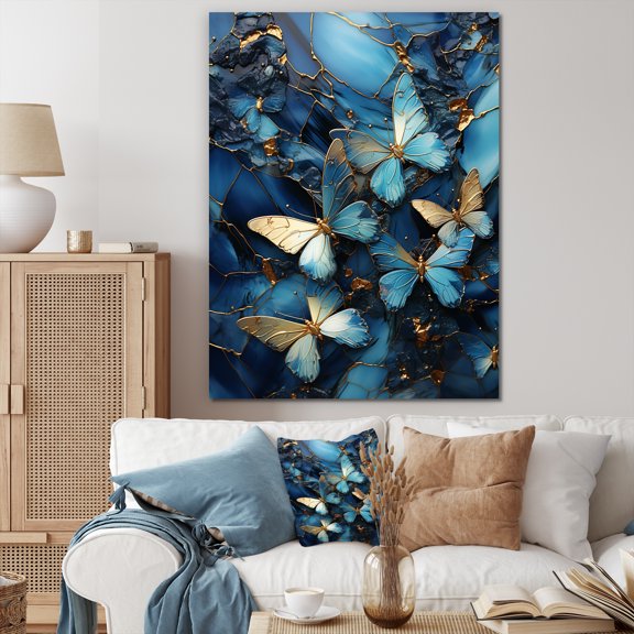Designart "Crystal Butterflies Golden Blue Essence" Abstract Canvas Wall Art - Modern Blue Abstract Bedroom Canvas Wall Art