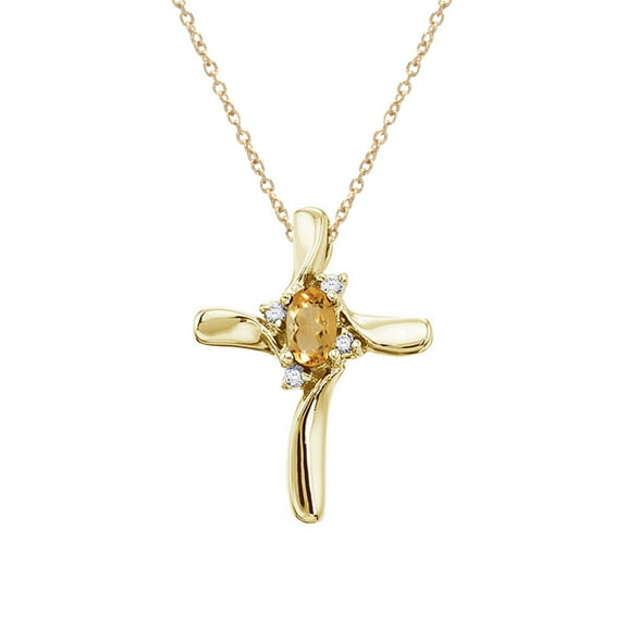 14K Yellow Gold Citrine and Diamond Cross Pendant with 18" Chain