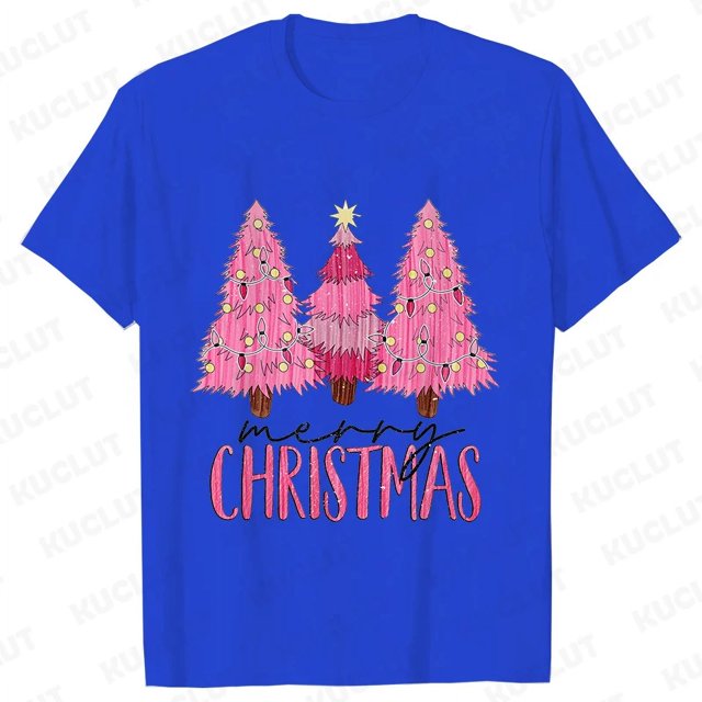 Camiseta rosa de árbol de Navidad para mujer, traje de fiesta de Navidad con gráfico divertido, ropa informal Harajuku para mujer, camisetas de manga corta con cuello redondo
