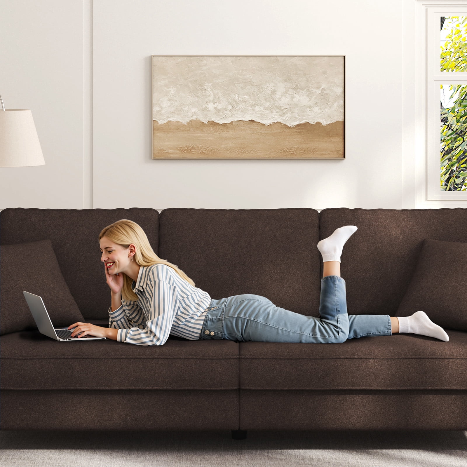 Patbrela 87" Sofa Couch, Comfy Extra Deep Seat 3 Seater Couch for Living Room with Soft Upholstered Round Arms, Free 2 Pillows, Brown
