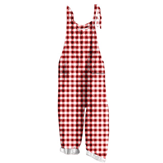 Lenpel Women's Jumpsuits Plus Size Sleeveless Spaghetti Strap Striped Plaid Straight Leg Rompers Causal Loose Overalls with Pockets