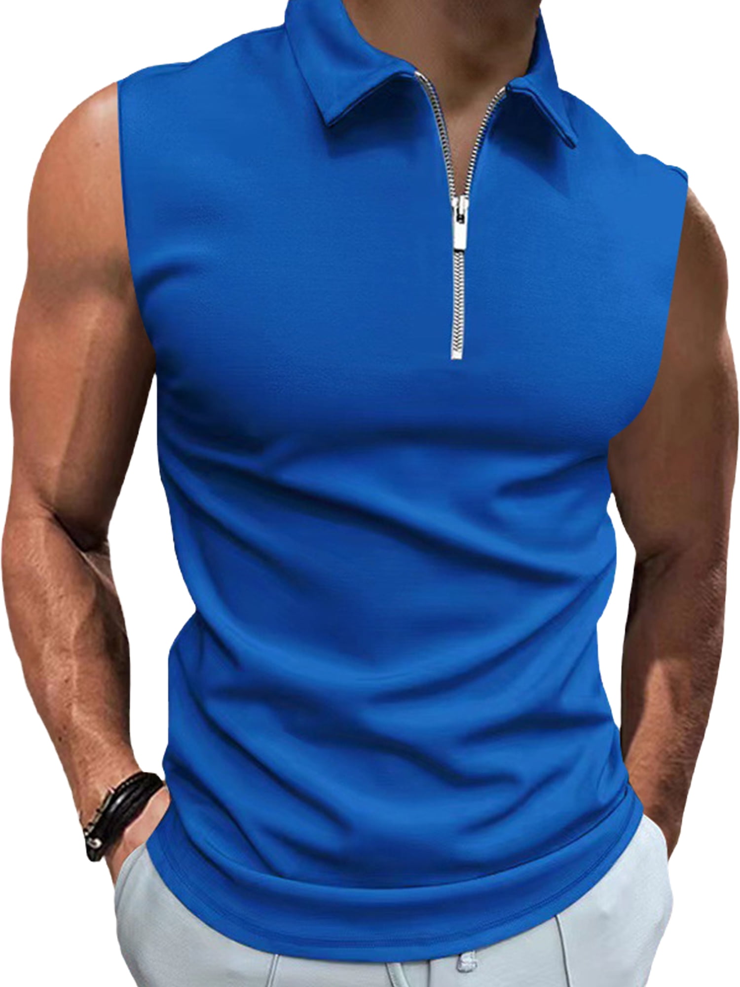 Frontwalk Casual Summer Tops for Men Turn Down Collar Polo Shirts Sleeveless Zipper Tshirts