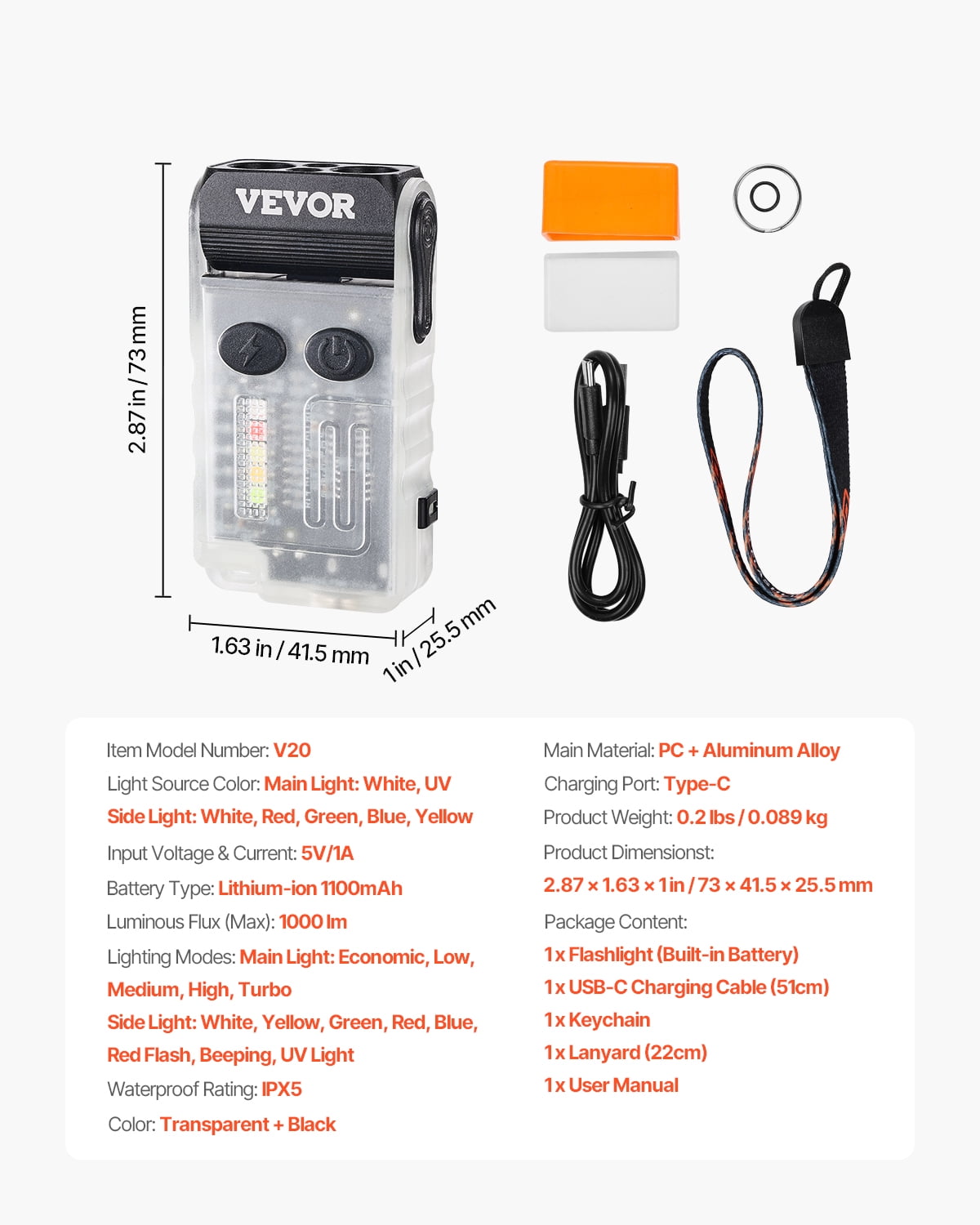 VEVOR Rechargeable Keychain Flashlight, Mini LED Flashlight with 13 Lighting Modes, Portable Pocket Flashlight with Clip, Magnetic Tail & 180° Rotating Head for Everyday Carry, Camping, Emergencies