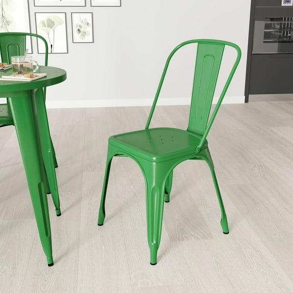 Merrick Lane Green Metal Dining Chair With Curved Vertical Slatted Back And Square Seat