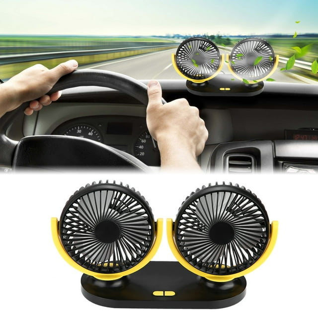 Ventilador de coche con doble cabezal USB, aire acondicionado portátil, ventilación automática, 12V, negro y amarillo Jadeshay A