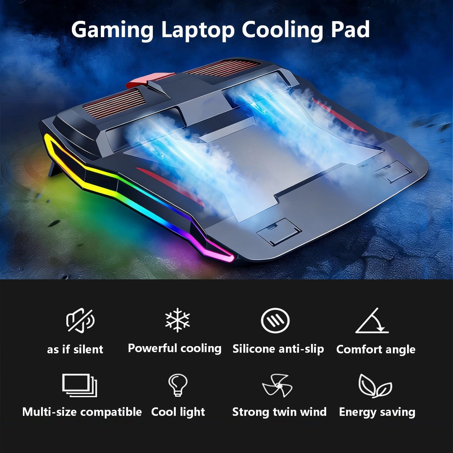 Gaming Laptop Cooling Pad, RGB Quiet Laptop Notebook Cooler Cooling Stand with 2 Cooling Fans, 2 Height Adjustable, USB Powered for 12-17 Inch Laptop, Black