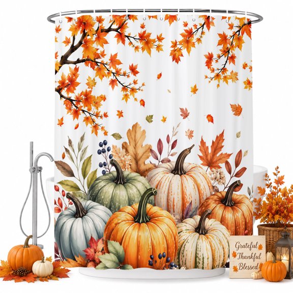 Thanksgiving Pumpkins Shower Curtain, Waterproof Shower Curtains for Bathroom, Vintage Fall Botanical Tree Autumn Washable Fabric Bathtub Curtain Set Bath Decor with 12 Hooks Long 72"x84"
