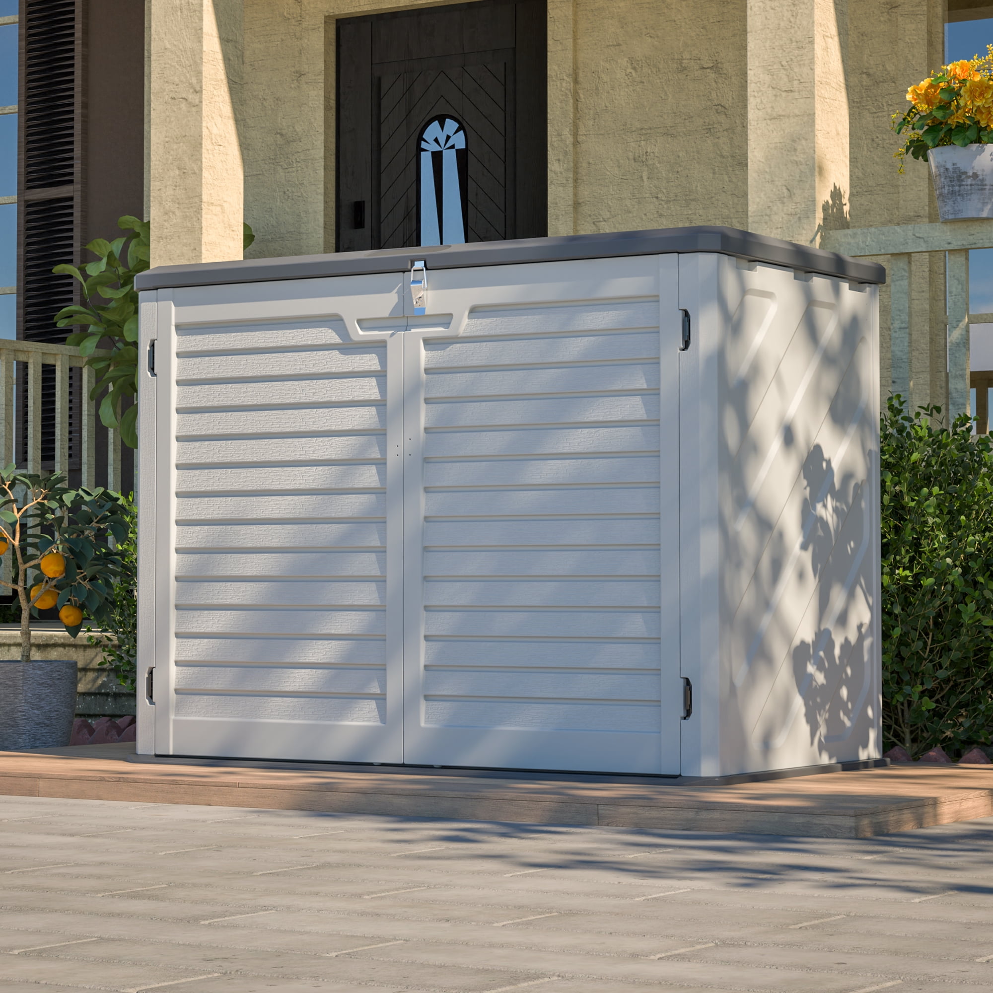 LZBEITEM 25 Cu.ft Upgraded Outdoor Horizontal Storage Shed with 2 Adjustable Shelves, Weather-Resistant Resin Tool Sheds, Multi-Opening Door, Waterproof & Lockable