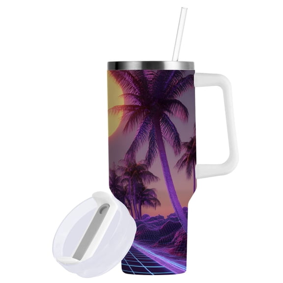 Yayeee 40oz Stainless Steel Tumbler with Straw and Handle Double-Wall Insulated Travel Water Bottle, Night Purple Road