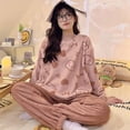 thumbnail image 2 of Conjunto de pijama de cuello redondo de franela gruesa dulce y linda de polar coral para mujer para otoño e invierno, 2 of 6
