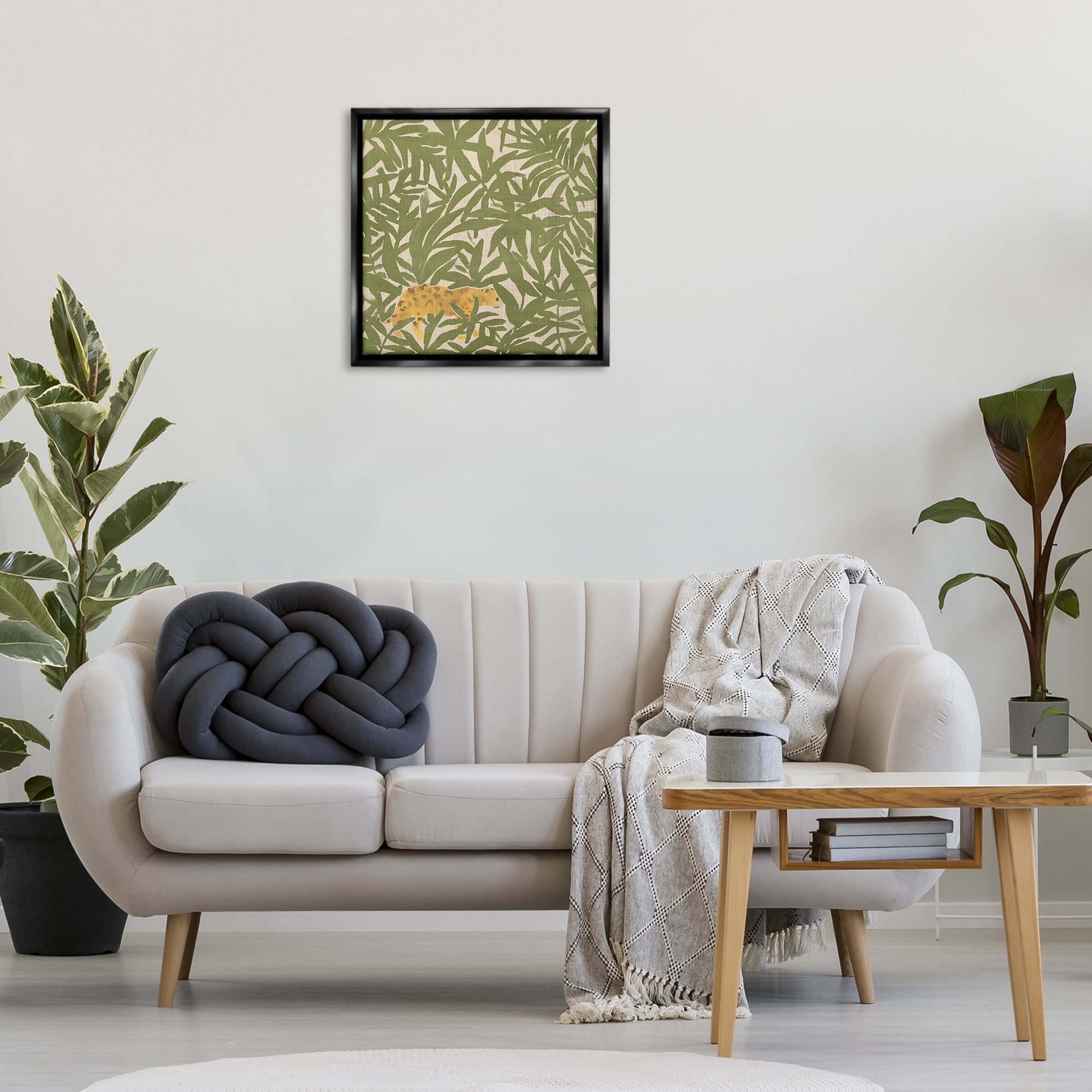 Stupell Industries Prowling Cheetah in Plants Botanical & Floral Painting Black Floater Framed Canvas Art Print Wall Art, 25 x 25