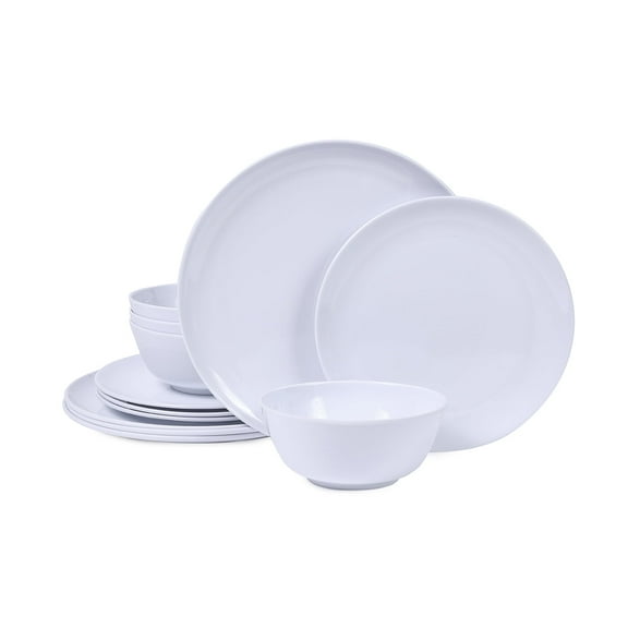 12 Piece White Melamine Dinnerware Set Plates Bowls Service for 4 Break-resistant Indoor and Outdoor Use Dish Set Dishwasher Safe