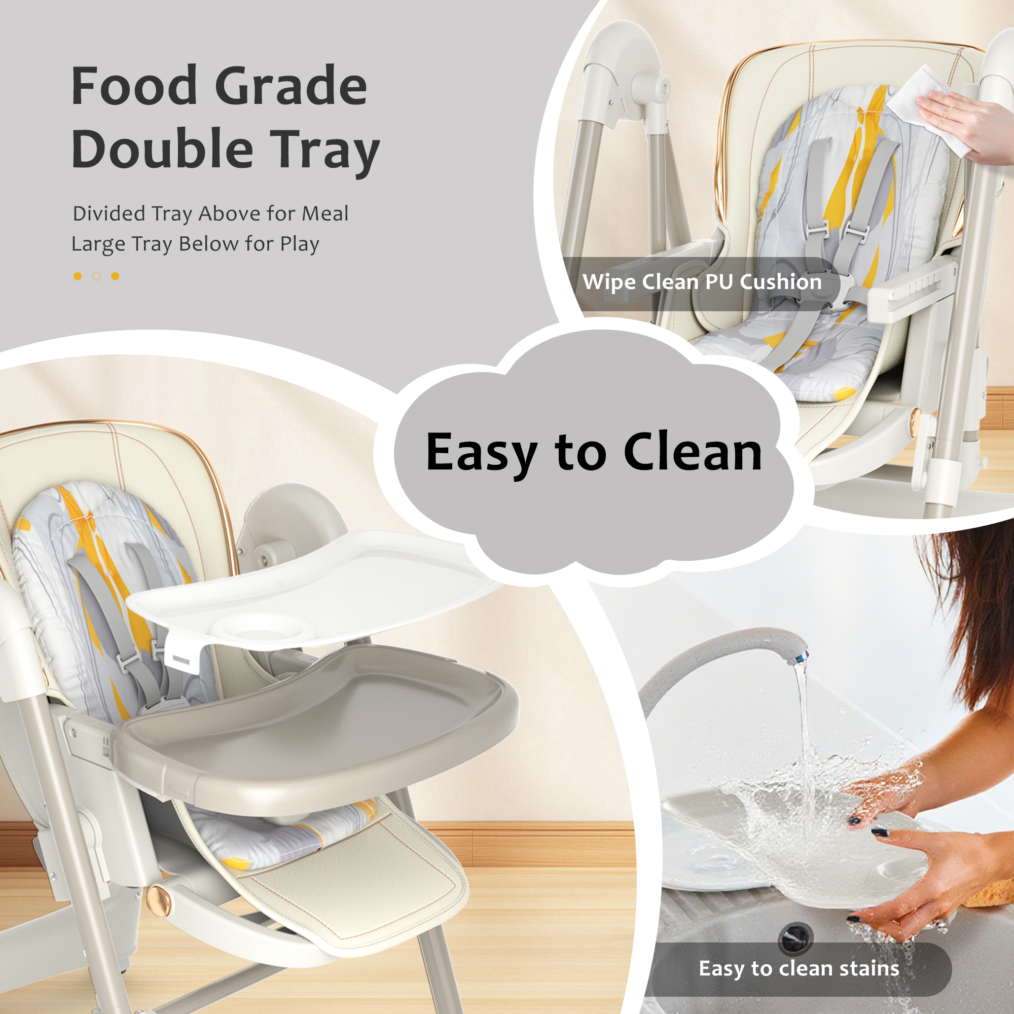 TouHeart 6-in-1 Baby High Chair and Baby Swing Combo, Convertible Highchair for Infants Toddlers, with 6 Heights, 4 Recline, Foldable with Wheels，Beige