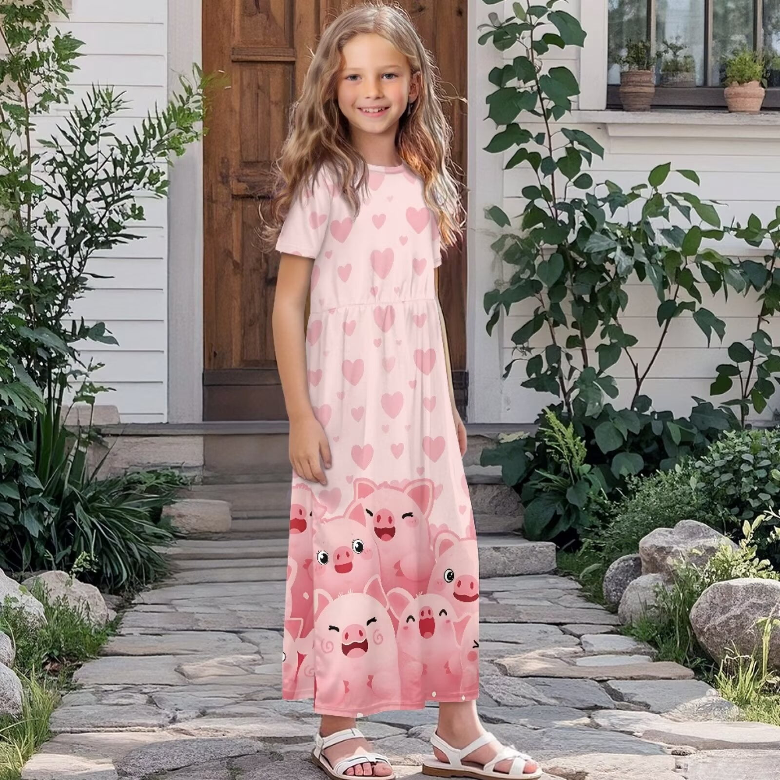 Uourmeti Girl's Short Sleeve Dress Cartoon Pig Hearts Print Round Neck Loose Casual Long Maxi Dress with Pockets Flowy Cute Outfits, Size 5-6 Years