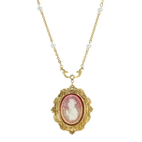 1928 Jewelry Women's Gold Tone Phoebe Carnelian Oval Cameo Faux Pearl Pendant Necklace 16"   3" Extender