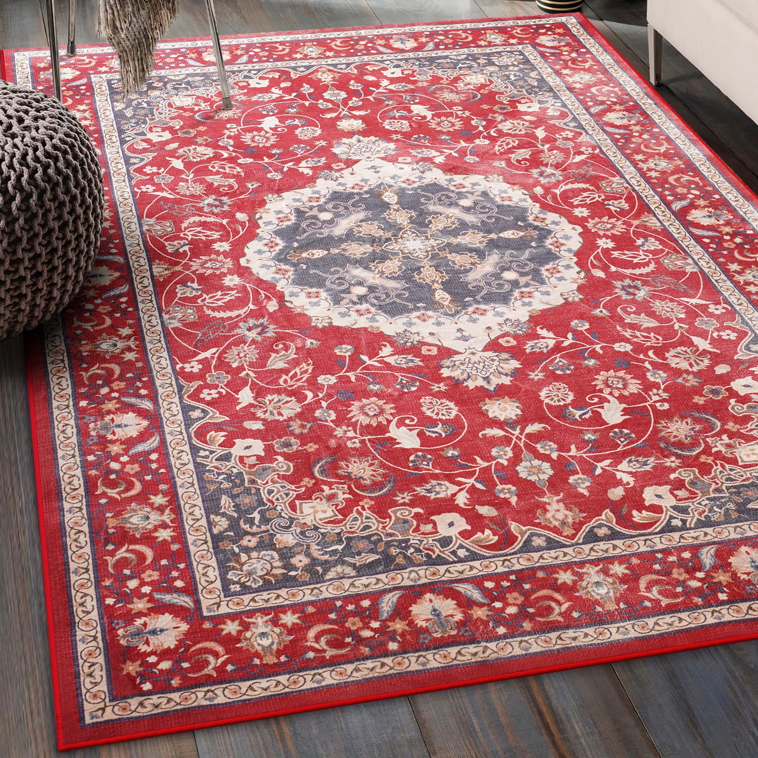 Jamfeel Area Rugs Vintage Floral Printed Washable Non-Slip Carpets Foldable Thin Low Pile Rug for Living Room Bedroom 8'x10' Red