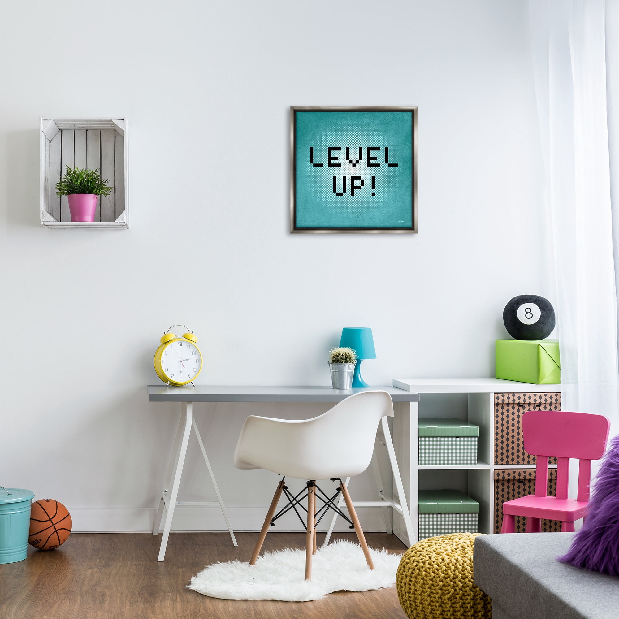 Stupell Industries Level Up Vintage Pixels Typography Painting Gray Floater Framed Canvas Art Print Wall Art, 25 x 25