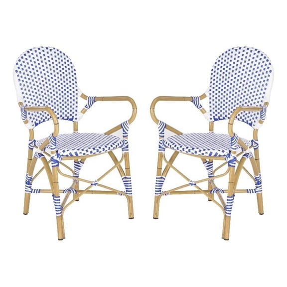 Pemberly Row Rattan Indoor/Outdoor Arm Chairs in Blue and White (Set of 2)