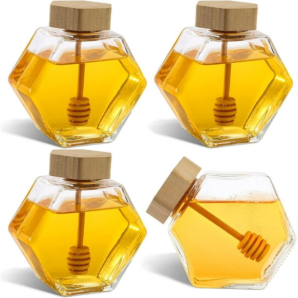 4 Pack 7 Oz Honey Pot, Glass Honey Pot with Wooden Dipper, Honey Container Storage, Clear Honeypot for Home, Kitchen