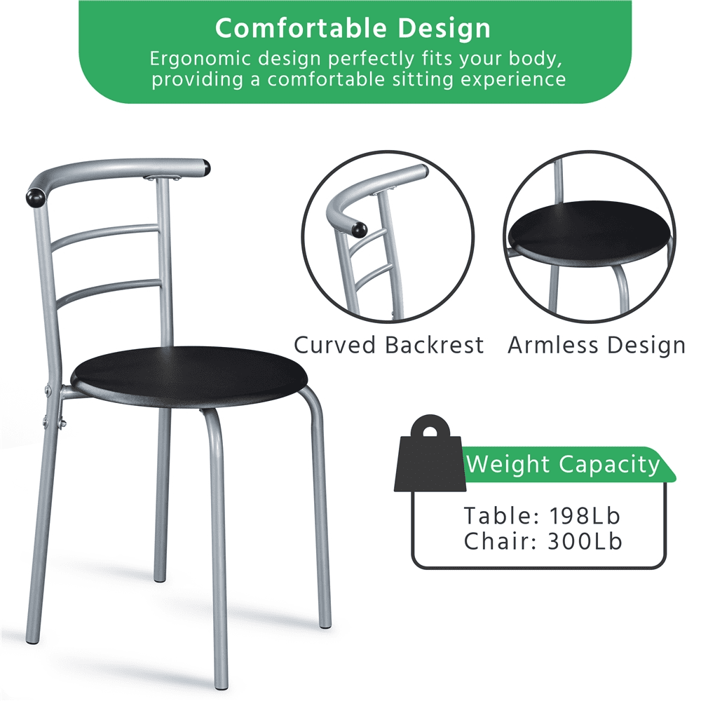 Fullfurnique Modern 3-piece Round Dining Table and 2 Chairs Set with Steel Legs, Black