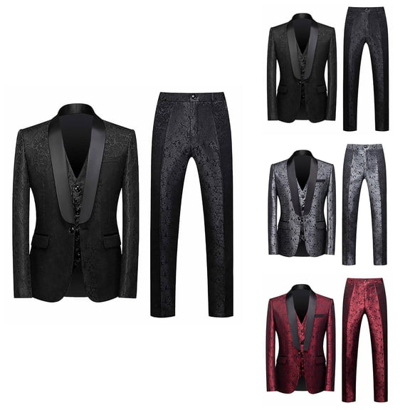Men's Solid Color Fashion Casual Jacquard Party Suit Jacket Vest Pants Three-Piece Set Slim Fit Lightweight Blazer Wedding Tuxedo Formal