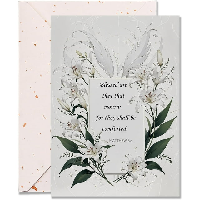 Religious Sympathy Card with Envelope, 5x7 Inch Lily and Feather Design, Christian Condolence Card with Bible Verse, Elegant Gold-Flecked Envelope, Smudge-Free Writing Surface - Single Card