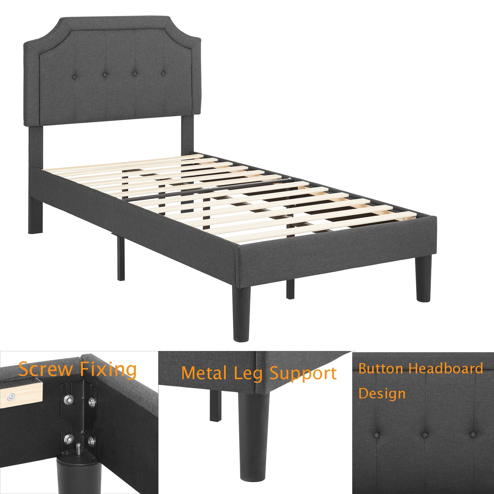 Javlergo Twin Size Bed Frame with Upholstered Adjustable Diamond Stitched Panel Headboard, Wood Slat Support/Easy Assembly, Gray