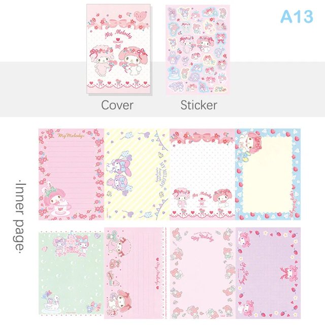 Juego de papel de carta de sobre de dibujos animados de Anime Sanrio, My Melody, Hellokitty Kuromi, lindo manual, Nota de papel, pegatinas Kawaii