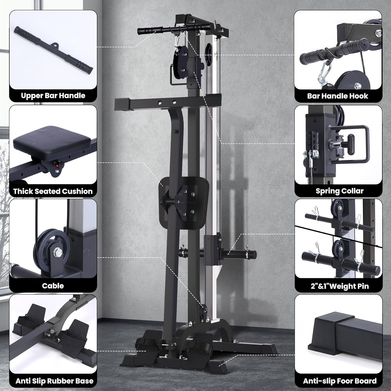 GARVEE 2 in 1 Cable Crossover Machine & Lat Pull Down Machine with Adjustable Weight and Seat,Multi-Function Compact Rowing Machines for Home Gym,Black
