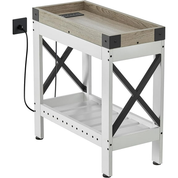 Narrow Side Table, Farmhouse End Table with Charging Station for Small Spaces, with 2 USB and 2 Power Outlets, 21.7" L x 10" W x 21.7" H