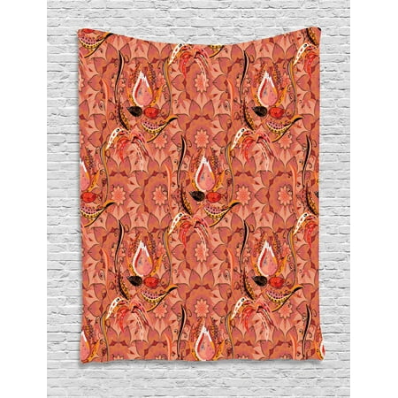 Peach Tapestry Hand Drawn Floral Arrangement Vibrant Colors Nature Drawing Style Abstract Wall Hanging For Bedroom Living Room Dorm Decor 60w X 80l