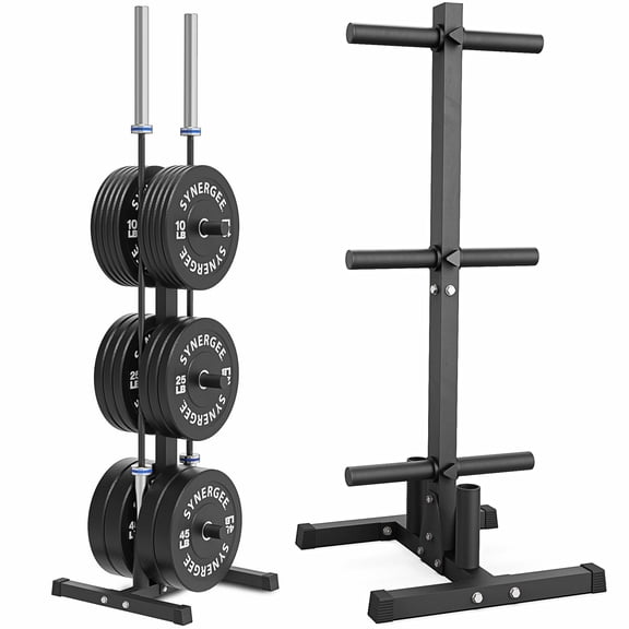 Synergee Olympic Weight Plate Tree Rack & Barbell Holder – Vertical Weight Rack for Gym Storage Home & Commercial