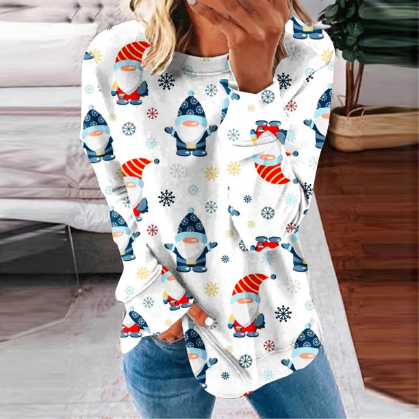ICHUANYI Clearance Women's Round Neck Fashion Casual Long Sleeve Christmas Print Sweatshirt Tops Blouse(Light Blue, M) ICHUANYI WER2023080815054