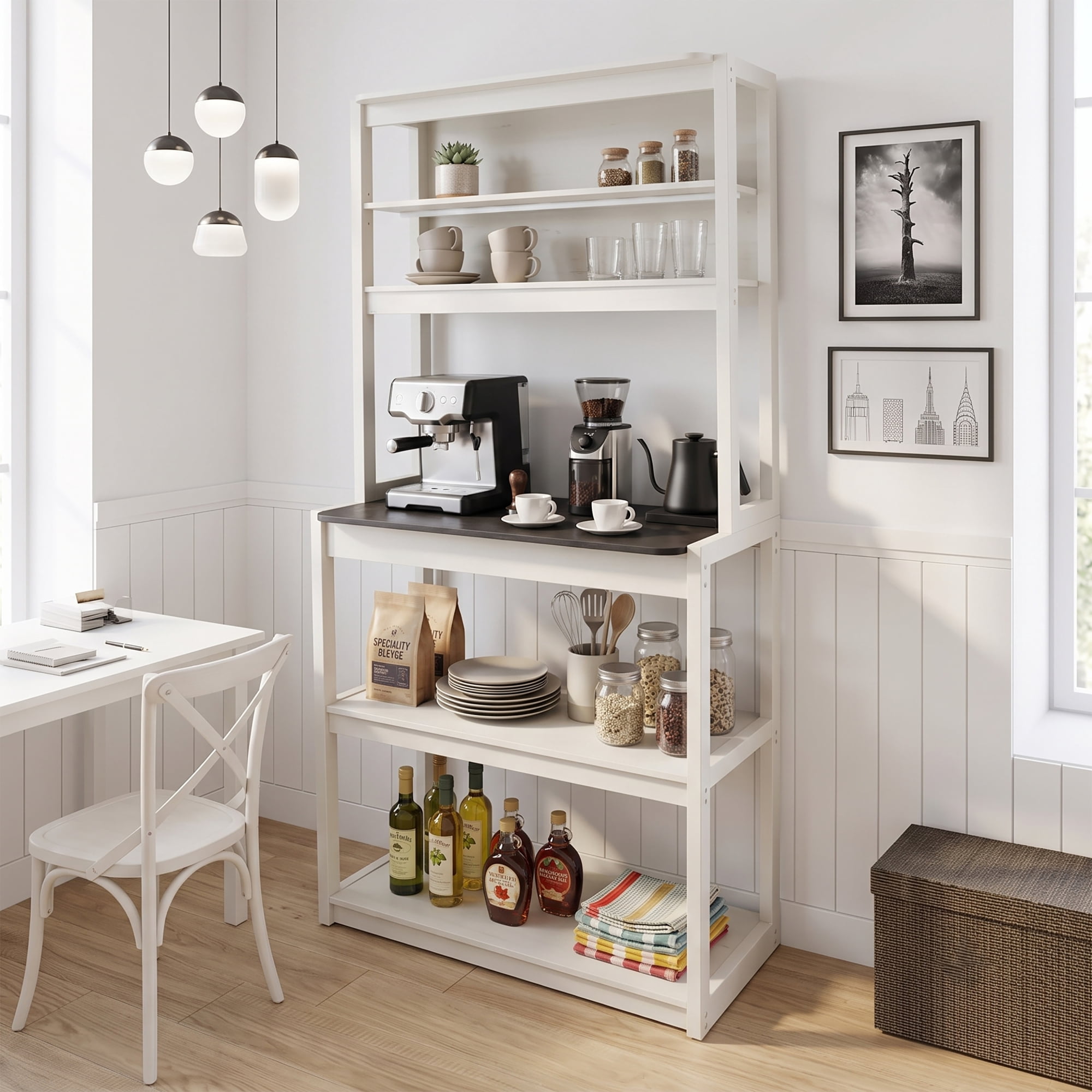 Leumius 31.50" 5-Tier Bakers Rack, Multipurpose Kitchen Storage Shelf, Microwave Stand, Coffee Bar Station for Home Kitchen Organizing White & Black