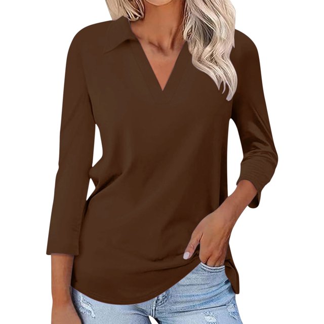 WTXUE T-Shirts à Manches Longues, Chandails à Col Rond pour Femmes à Manches 3/4 T-Shirts d'Été à Col en V Chemises à Col en Coton Uni, T-Shirts Chemises en Lin Hauts Décontractés pour Femmes Brun TTG