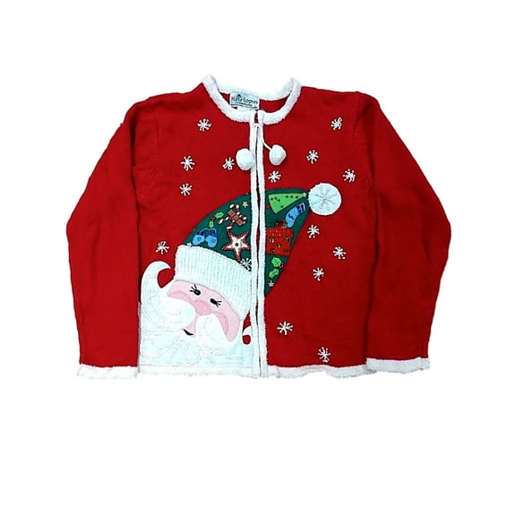 Girls Red Sequin Snowflake Santa Christmas Knit Holiday Sweater Front Zip 12/14