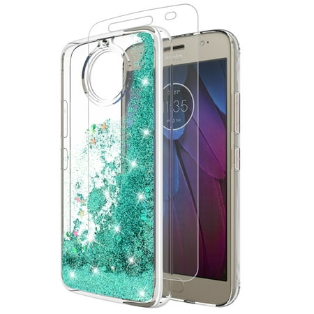 Moto G5S Plus Case (With tempered glass screen protector ), Cute Sparkly Shiny Glitter Bling Luxury Fashion Liquid Quicksand for Girls Soft Clear TPU Cover For MOTOROLA MOTO G5S PLUS (TEAL)