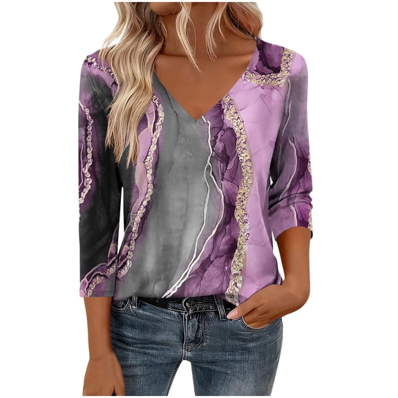 3/4 Length Sleeve Tops for Women V Neck Striped Tunics Regular-Fit Lightweight Shirts Casual Bussiness Outfits Fashion Trendy T-Shirt 2026 Summer Tops